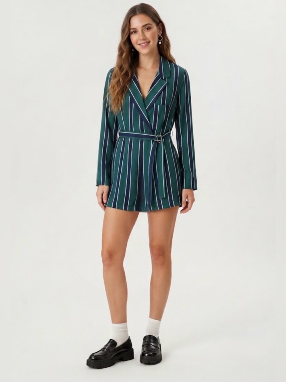 Rules of Etiquette Green & Navy Striped Blazer Romper Size Small NWT